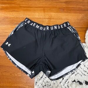 Under Armour Women’s Black Running Shorts Gray Print Trim Logo Waistband Large